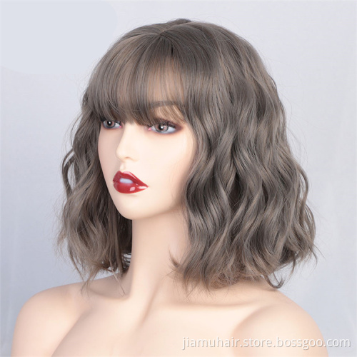 Short Wig with Bangs Water Wave Synthetic BOBO Wigs for Women Pink Lolita Cosplay Female Daily False Hair